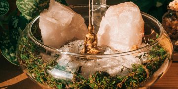 Buddha and Crystals on Clear Glass Bowl