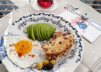 Hearty Breakfast with Avocado and Tea