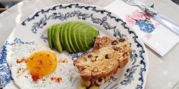 Hearty Breakfast with Avocado and Tea