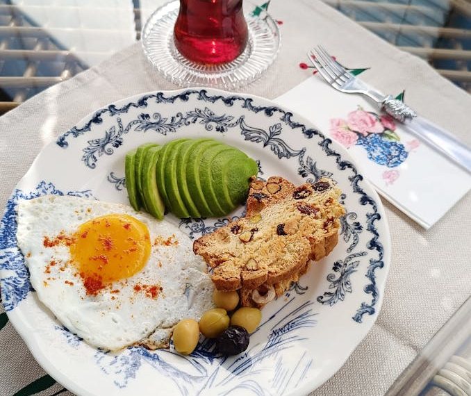 Hearty Breakfast with Avocado and Tea