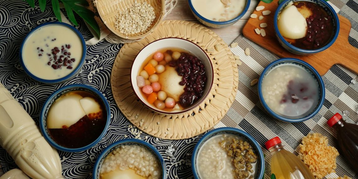 Top View of Traditional Dishes in Bowls on Table