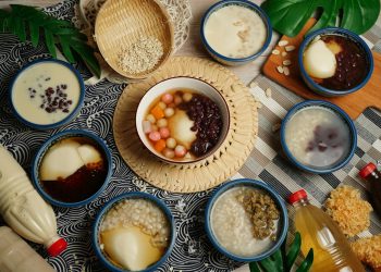Top View of Traditional Dishes in Bowls on Table