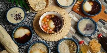 Top View of Traditional Dishes in Bowls on Table