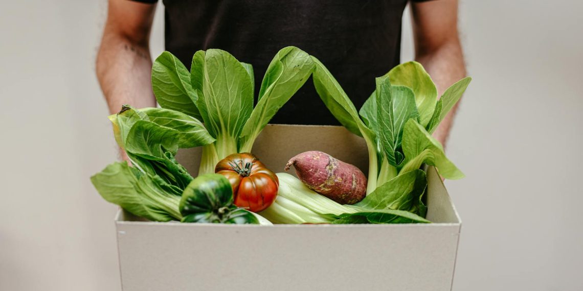 Person Carrying a Cardboard Box with Fresh Vegetables