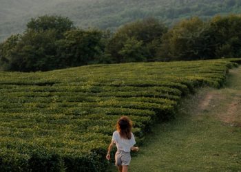 A Woman in White Shirt Walking on Green Grass Field